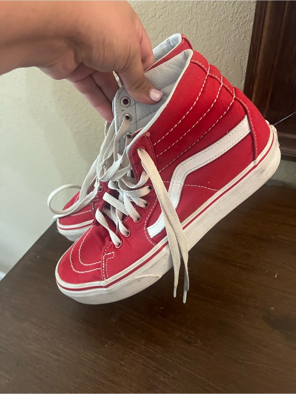 Vans Red and White High-Top Skate Sneakers